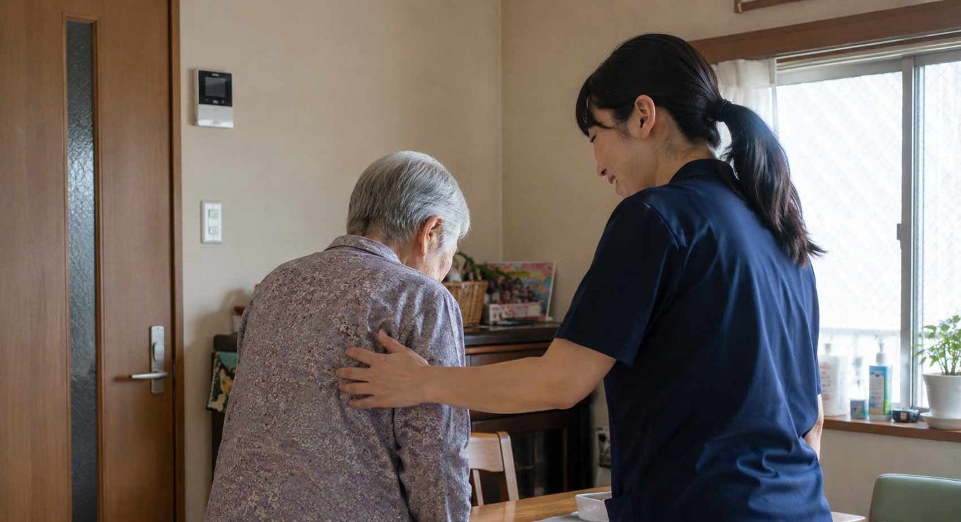 自宅で歩く利用者を見守るヘルパー